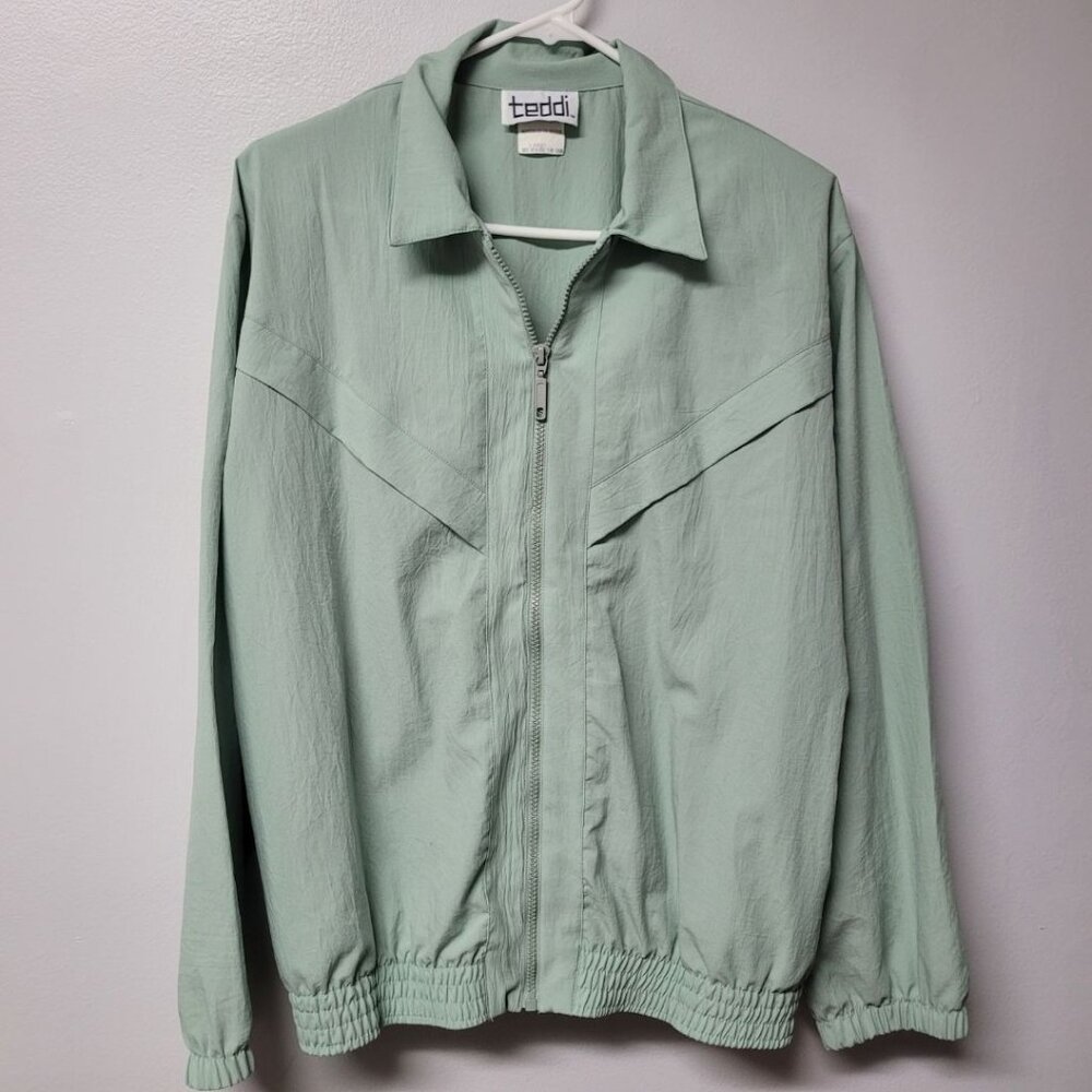 Teddi Vintage Jacket Green Lightweight Zipper‎ Shoulder Pads Womens Large Granny